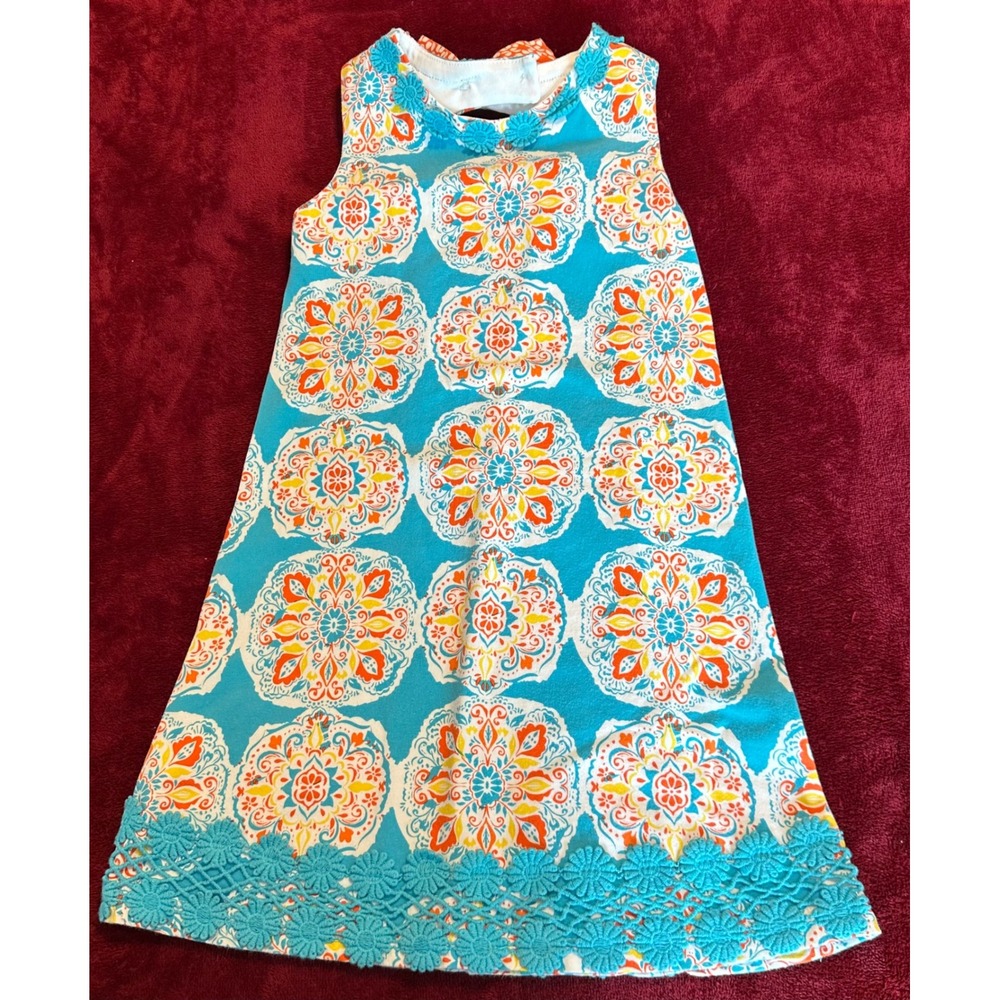 Counting Daisies Girls Blue Orange Mandala Medallion Bow Back Dress Size 5